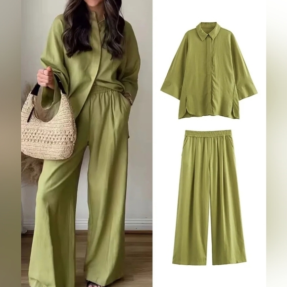 Pants - 2 Pieces New Wide Leg Pants Sets For Women 2024 Fashion Loose Casual Shirts Top